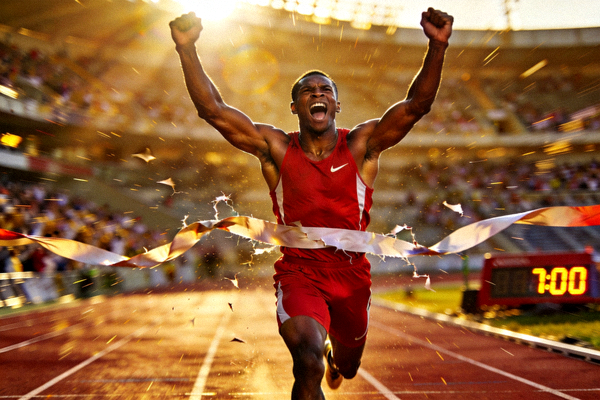 田径运动员冲过终点线时振臂欢呼的胜利时刻
