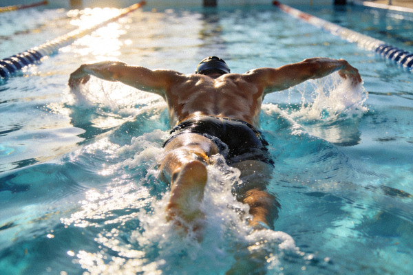 游泳运动员在泳池中劈波斩浪、奋勇向前的矫健身姿